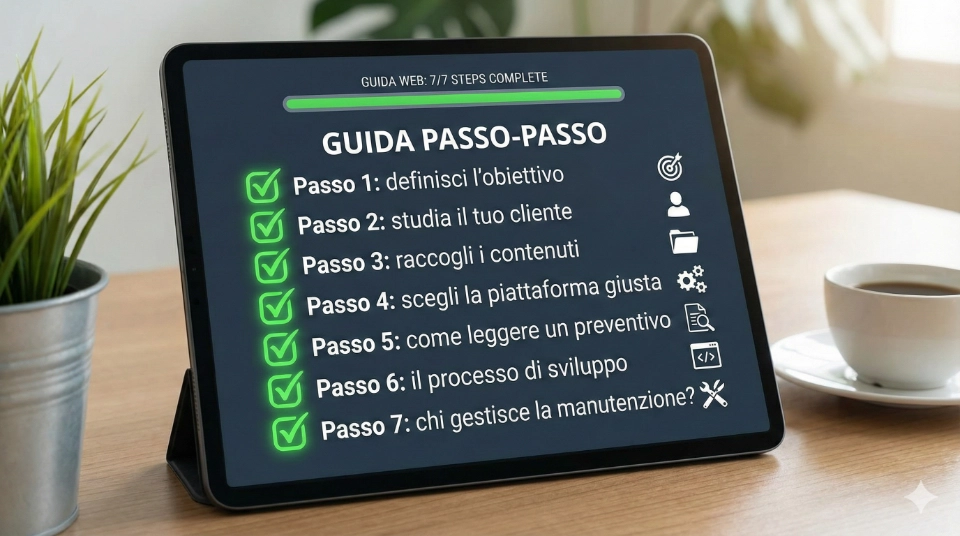 Un tablet con una checklist per la corretta commissione di un sito web