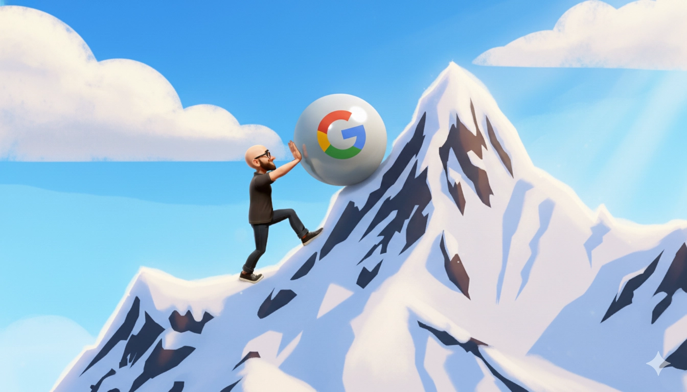 Salvatore cartoon che spinge una sfera con logo di Google su per una montagna