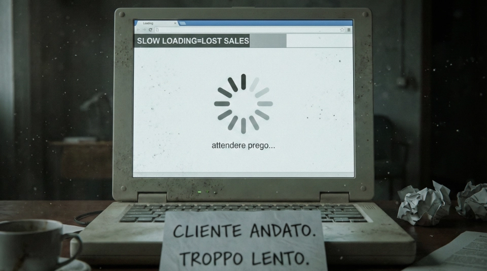 un laptop pieno di polvere con l'immagine di un sito in caricamento e un foglio con scritto troppo lento